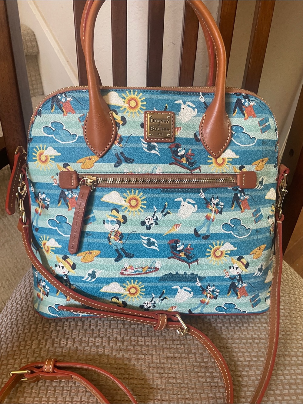 Dooney & Bourke Teal & Light Blue Disney Cruise Print Satchel with Tan Trim
